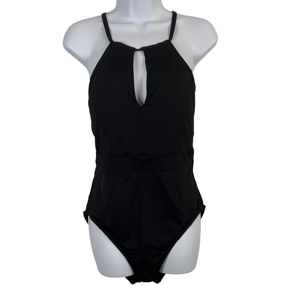 NWOT La Blanca Women's 12 Black High Neck Keyhole Open Back One Piece Swimsuit